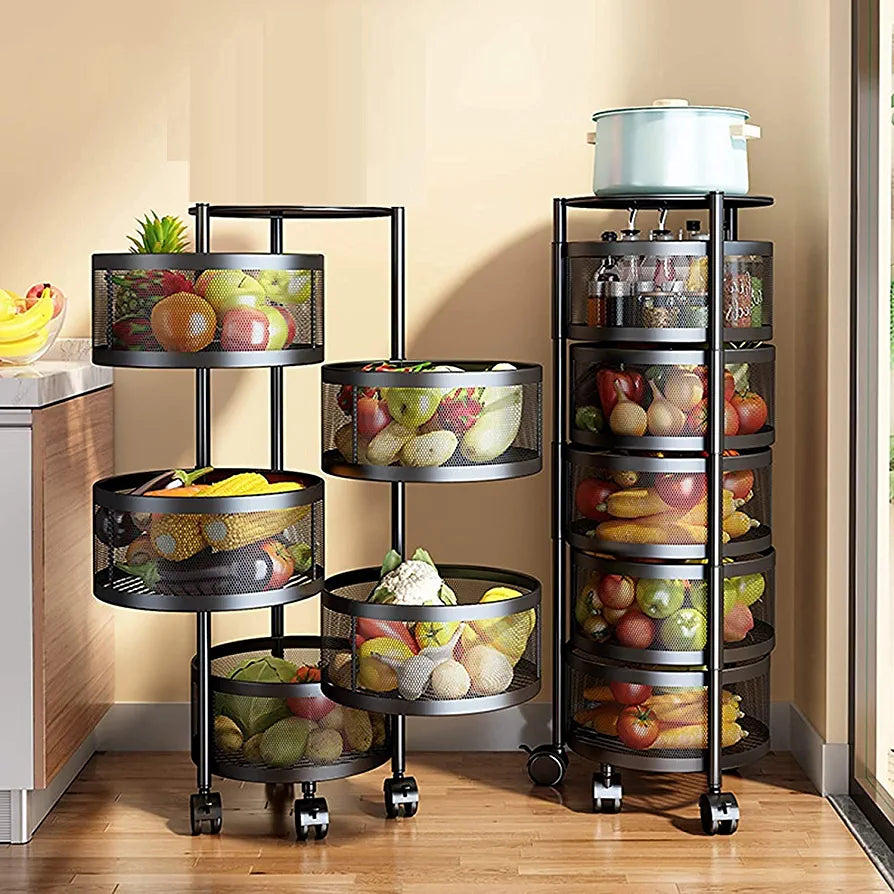 Octate 5 Layer Round Rotating Fruits & Vegetables Storage Shelves Basket Rolling Rack with Breakable Wheels for Kitchen Bathroom Office