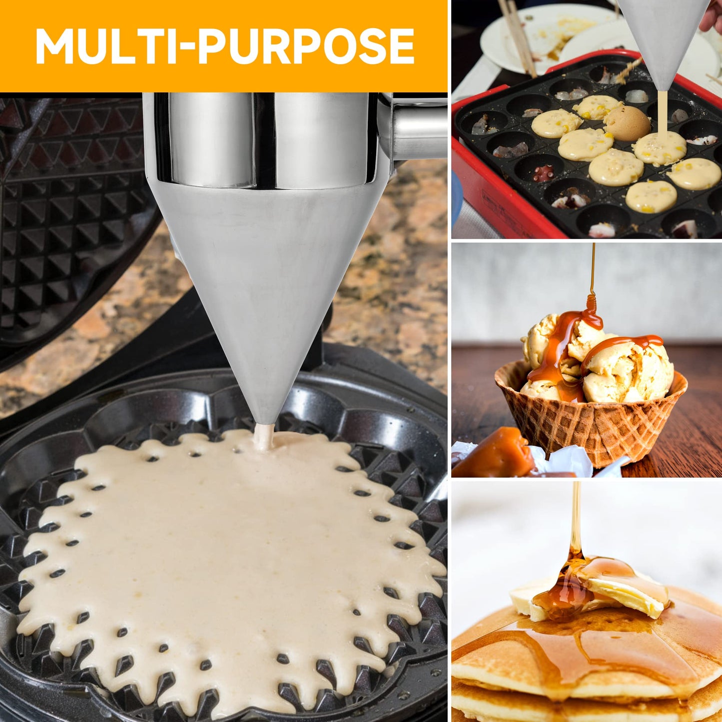  Stainless Steel Pancake Batter Dispenser Funnels with Stand Great for Cupcakes, Takoyaki or Any Baked Goods