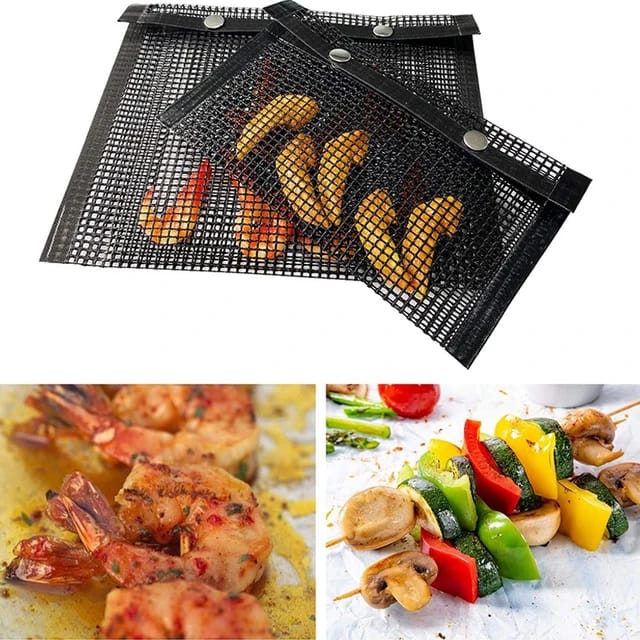 YBB 2 Pcs BBQ Grill Mesh Bag with 2 Pcs Silicone Brush, Non-Stick Large BBQ Baked Grilling PTFE Bag Heat-Resistant Reusable Easy to Clean Mesh Backing Bag for Outdoor Picnic Cooking Barbecue