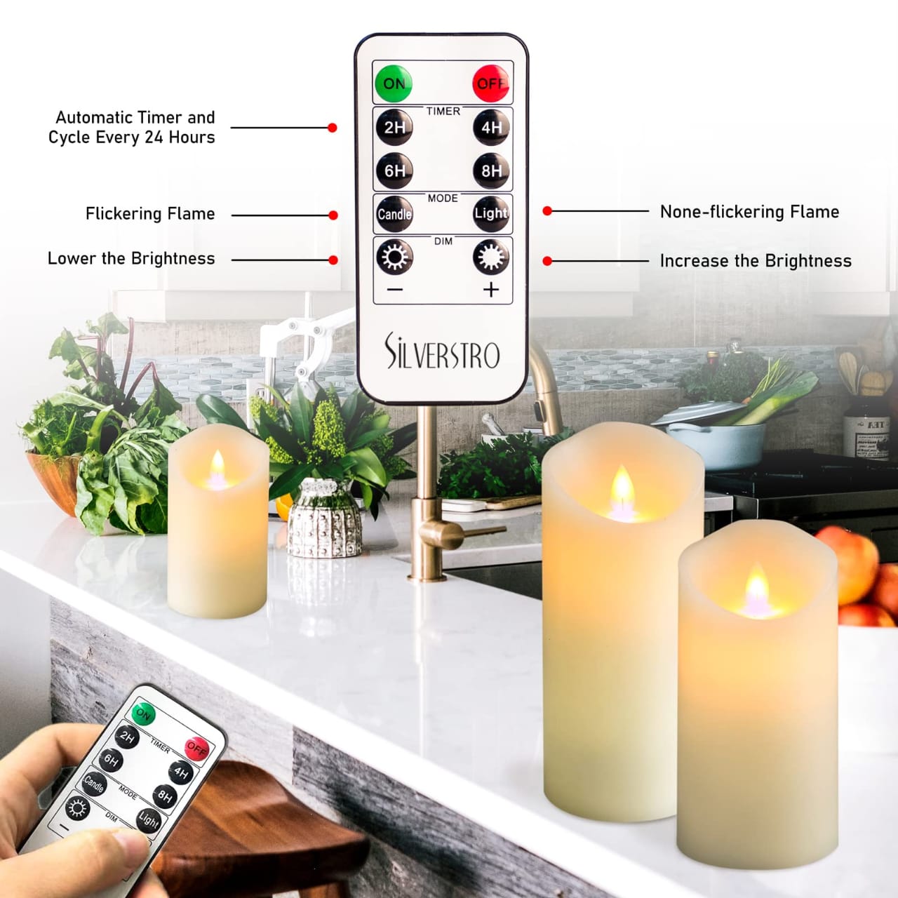 ELYSIAN LANTERNS Vanilla Scented Flameless Candles with Timer (8 Hour). Set of 3 White Wax Battery Operated Night Light Candles. Realistic 3D Flickering Flame. 4 5 6 inch Electric LED Pillar Candles