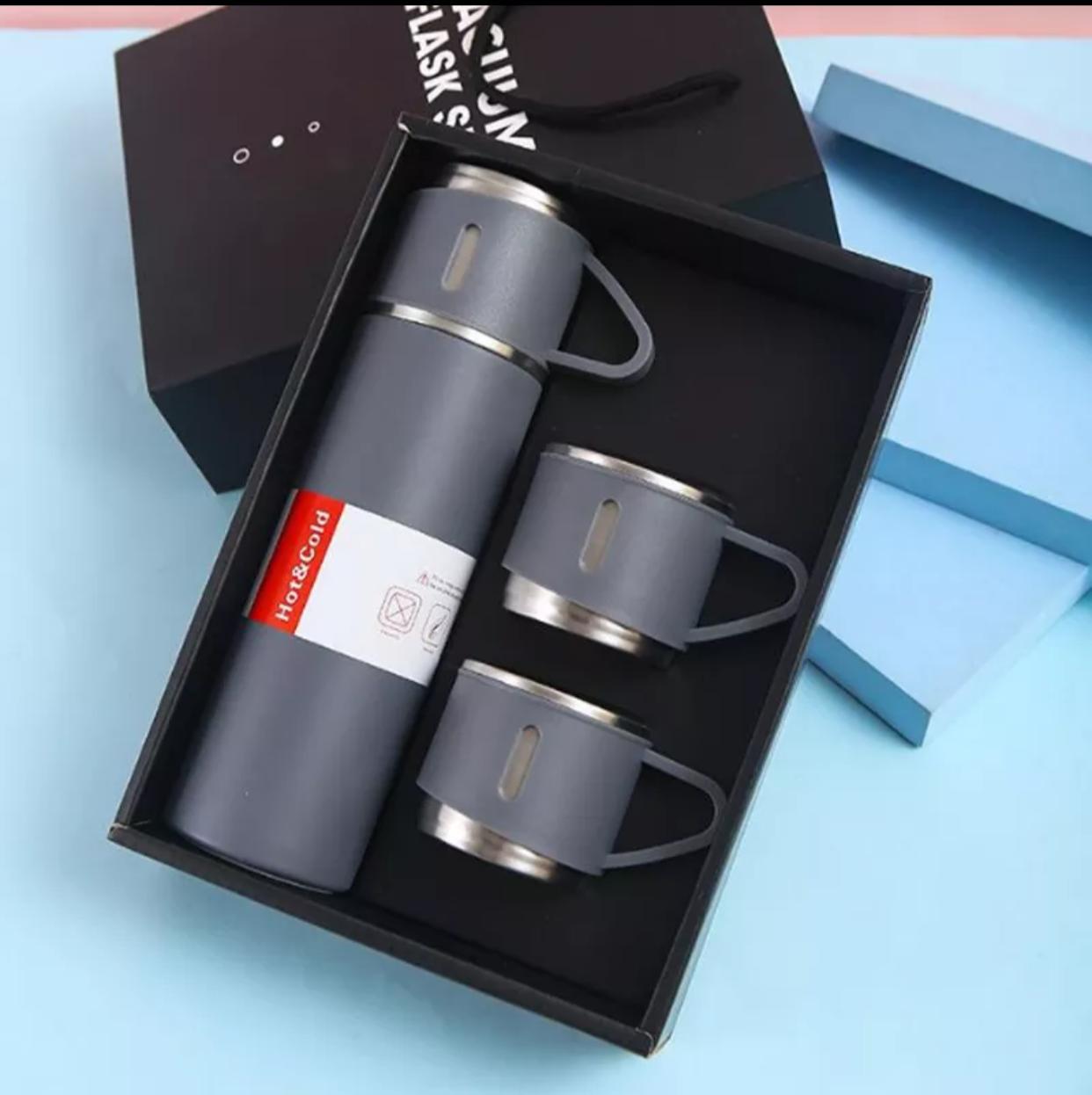 Stainless Steel Vacuum Flask Set with 2 Steel Cups Keeps Hot/Cold Liquid Beverages Ideal Gifting Travel Friendly Latest Thermos Bottles