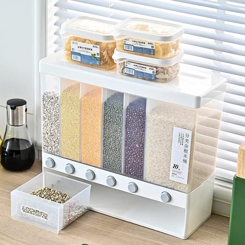 Wall Mounted Grain Dispenser 6 in 1 Kitchen Split Dry Food Container Storage Grain Cans for Grains Nuts Coffee Beans Soybeans Dispenser Container