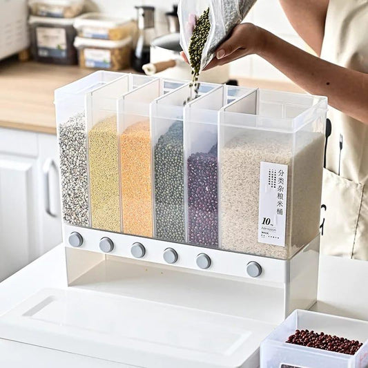 Wall Mounted Grain Dispenser 6 in 1 Kitchen Split Dry Food Container Storage Grain Cans for Grains Nuts Coffee Beans Soybeans Dispenser Container