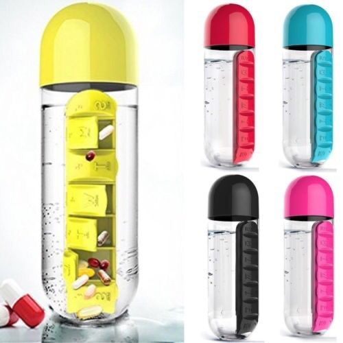 Plastic 2 in 1 Multifunction Portable 7 Daily Pill Box Water Bottle Cup Case Capsule Organizer