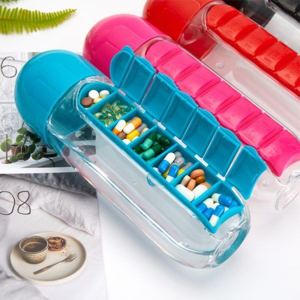 Plastic 2 in 1 Multifunction Portable 7 Daily Pill Box Water Bottle Cup Case Capsule Organizer