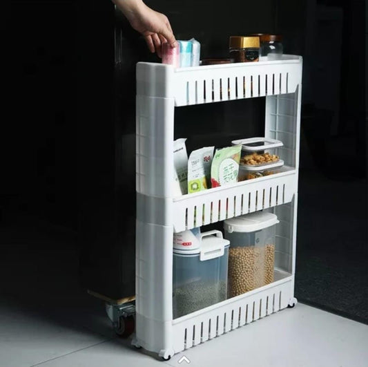 ROLLYWARE Plastic 4 Shelves Multipurpose Slim Kitchen Organizer Storage Rack with Wheels for Home, Office, Bedroom, Bathroom (4 Shelevs, White)