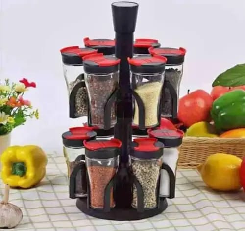 Plastic Multipurpose 360 Degree Revolving Transparent Spice Jar Masala Dani Containers Rack Condiment Set Vatti Anjarai Petti for Kitchen Combo Pack of 12 (Black, 250 ML