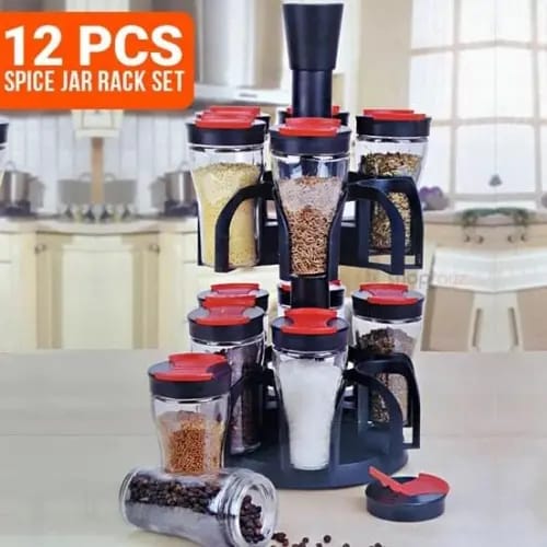 Plastic Multipurpose 360 Degree Revolving Transparent Spice Jar Masala Dani Containers Rack Condiment Set Vatti Anjarai Petti for Kitchen Combo Pack of 12 (Black, 250 ML