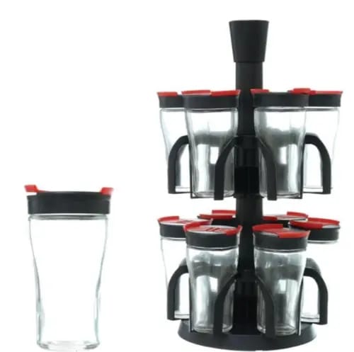 Plastic Multipurpose 360 Degree Revolving Transparent Spice Jar Masala Dani Containers Rack Condiment Set Vatti Anjarai Petti for Kitchen Combo Pack of 12 (Black, 250 ML