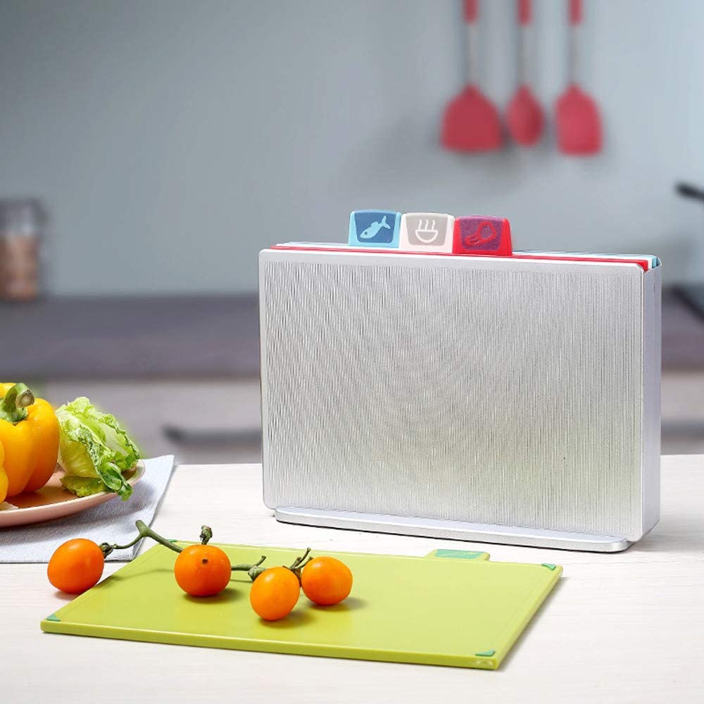 Plastic Cutting Board Set with Storage Case Color-Coded Dishwasher-Safe Non-Slip, Large, Sky