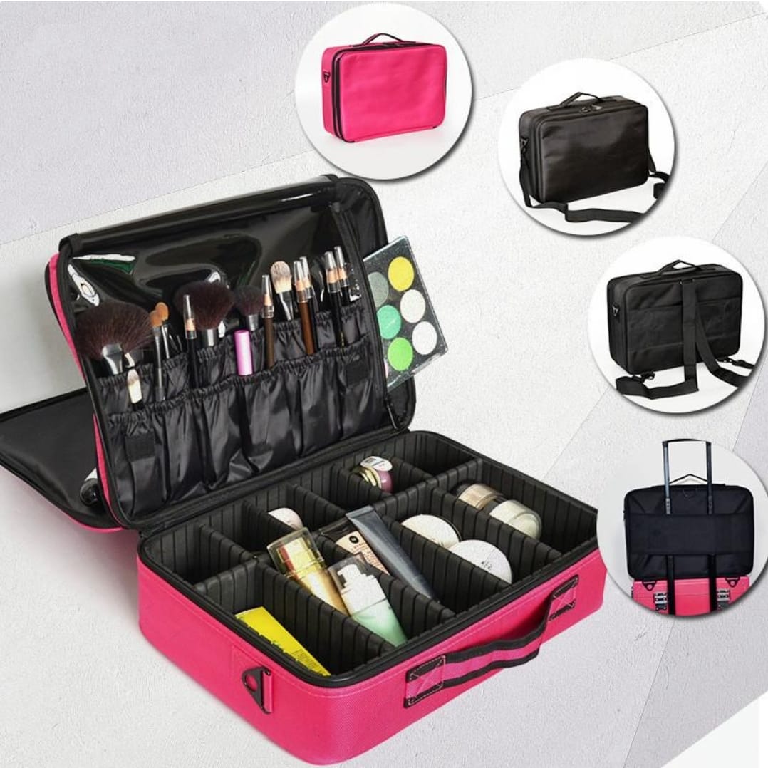 Professional Travel Makeup Case 16 inches Large Capacity Makeup Train Case Portable Artist Cosmetic Brush Organizer Storage Bag With Adjustable Dividers And Shoulder Strap for Toiletry Jewelry