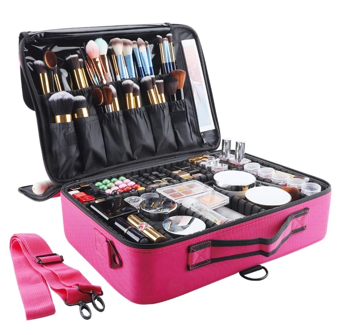 Professional Travel Makeup Case 16 inches Large Capacity Makeup Train Case Portable Artist Cosmetic Brush Organizer Storage Bag With Adjustable Dividers And Shoulder Strap for Toiletry Jewelry