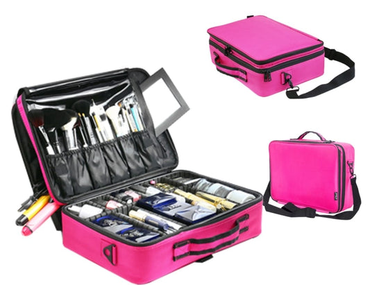 Professional Travel Makeup Case 16 inches Large Capacity Makeup Train Case Portable Artist Cosmetic Brush Organizer Storage Bag With Adjustable Dividers And Shoulder Strap for Toiletry Jewelry