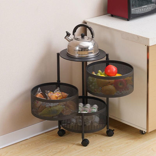 HOME CUBE Metal 3 Layer Portable Rotating Round Storage Rack for Fruits & Vegetable , Black