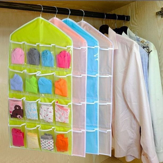 16 Pockets Plastic Multifunction Space Saver Over Door Hanging Wardrobe Wall Bags Rack Hanger Caddy Storage Tidy Organizer- Multicolour