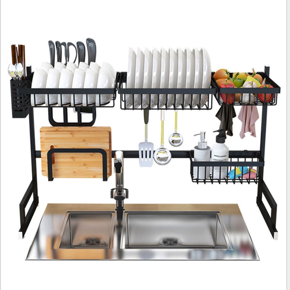 Large Capacity 2-Tier Over Sink Dish Rack, Sink Organize Stand Shelf, Dish Drying Rack with Utensil Holder&Hooks, Kitchen Counter Supplies Storage for Plates Bowls Pots, Black