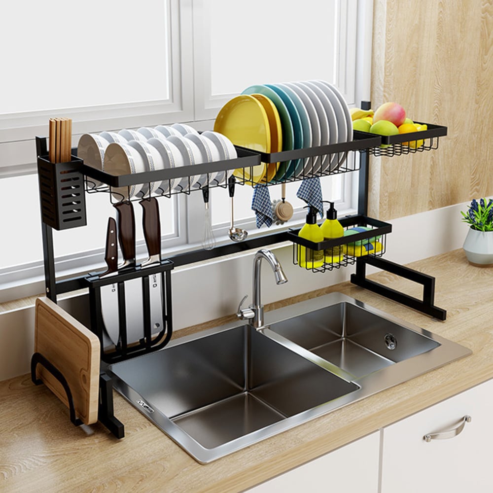 Large Capacity 2-Tier Over Sink Dish Rack, Sink Organize Stand Shelf, Dish Drying Rack with Utensil Holder&Hooks, Kitchen Counter Supplies Storage for Plates Bowls Pots, Black