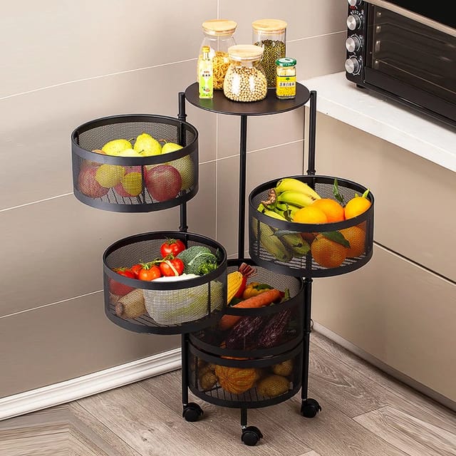 Round Rotating Multi-Layer Kitchen Storage Shelf, ISACCO Fruit and Vegetable Storage Basket, Kitchen Storage Rack Floor-Standing 5 Tier, Household Storage Rack for Kitchen