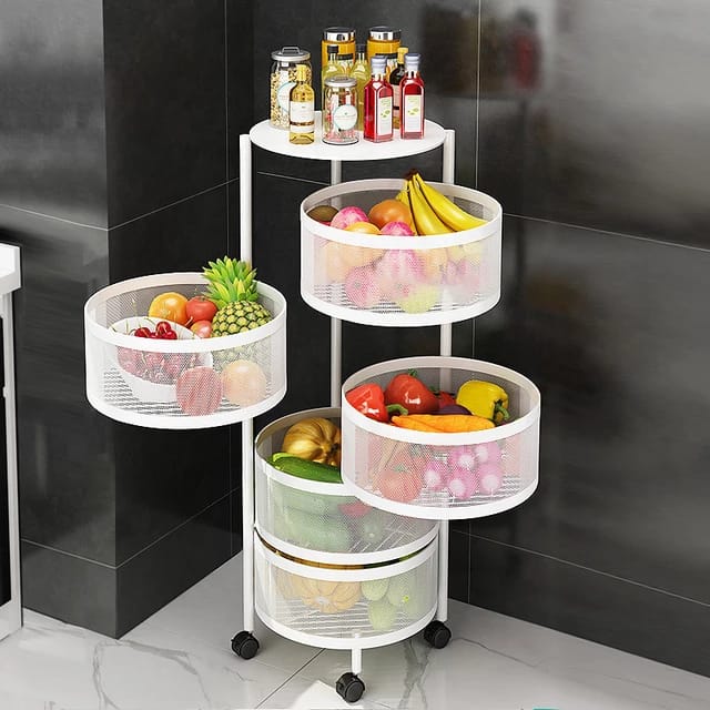 Round Rotating Multi-Layer Kitchen Storage Shelf, ISACCO Fruit and Vegetable Storage Basket, Kitchen Storage Rack Floor-Standing 5 Tier, Household Storage Rack for Kitchen