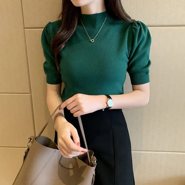 Women Turtle neck Puff sleeves knitted Blouse/Top