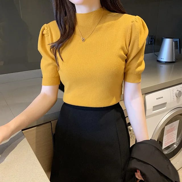 Women Turtle neck Puff sleeves knitted Blouse/Top